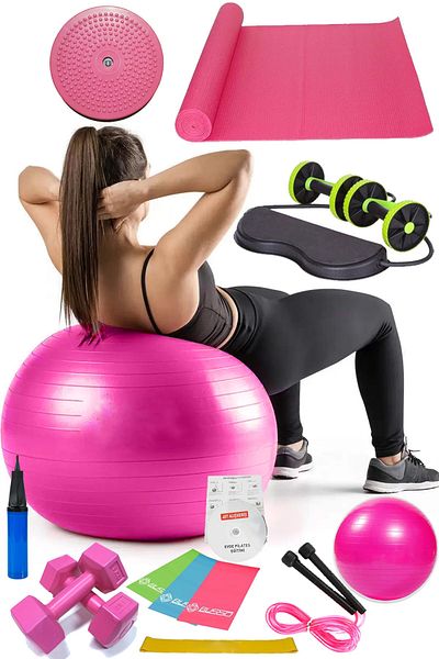 Jet 14-Piece Pilates Set Ball, 3-Piece Pilates Band Dumbbell Mat Jump Rope Twister Aerobic Revoflex Pink
