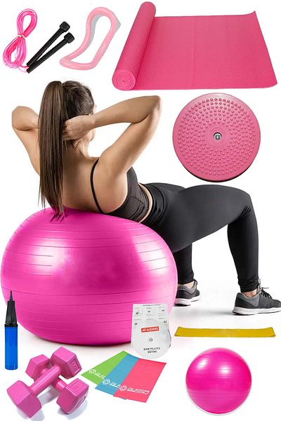 Jet 14-Piece Pilates Set Ball, 3-Piece Pilates Band Dumbbell Mat Jump Rope Twister Yoga Ring Pink