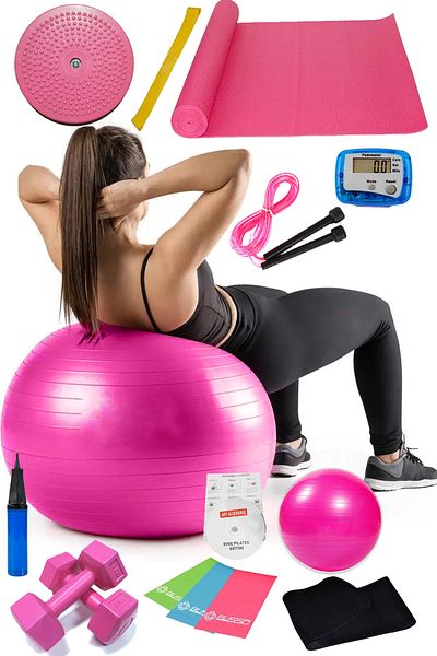 Jet 15 Piece Pilates Set Ball Pilates Band Dumbbell Mat Jump Rope Twister Aerobic Belt Pedometer Pink