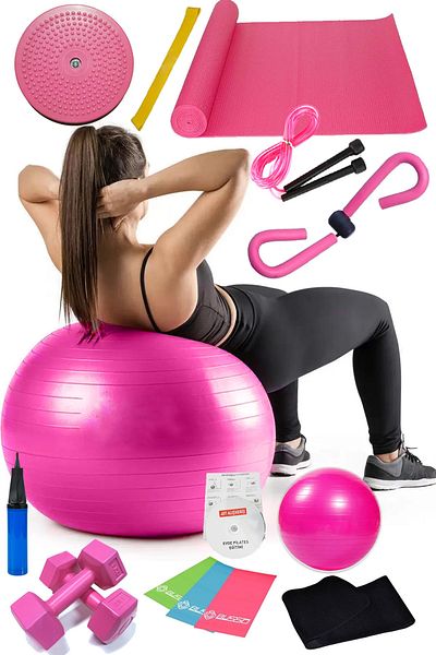 Jet 15 Piece Pilates Set Ball Pilates Band Dumbbell Mat Jump Rope Twister Aerobic Belt Butterfly Pink