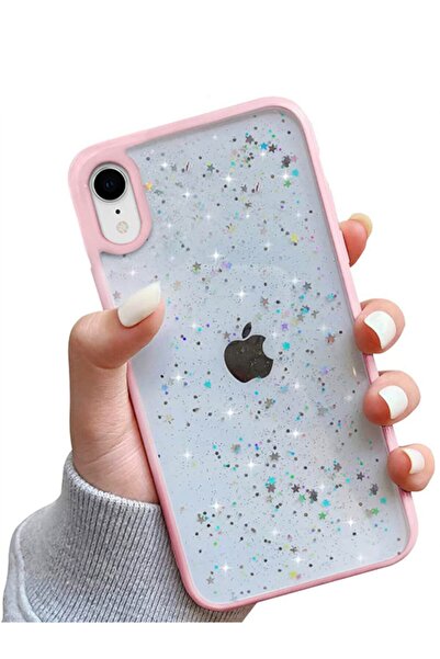 Molly Iphone Xr Uyumlu Kenarları Pembe Renkli Simli Şeffaf Silikon Pc Kılıf