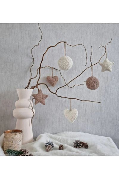sevaradekor New Year's Eve Pine Tree Ornament Boucle Teddy Heart & Round & Star Set of 3 Brown