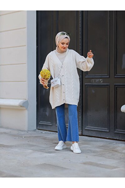 Rimel Moda Örgülü Hırka Taş