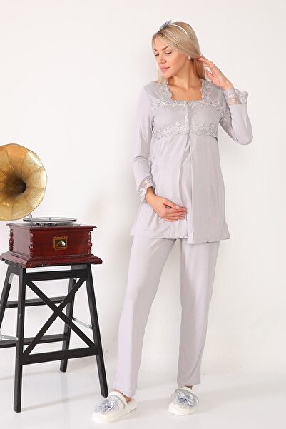 lohusahamile Піжама для породіль сірого кольору з мереживними деталями 2403