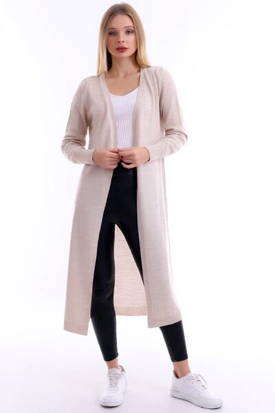Matte Women's Beige Thin Woven Soft Textured V-Neck Long Knitwear Cardigan