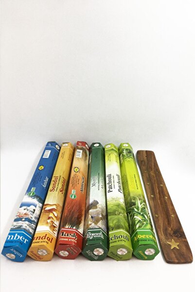 Flute Tütsü 6 Çeşit Amber, Sandal, Misk, Mür, Paçuli, Aloevera 120 Tütsü Çubuğu Ve Ahşap Tütsü Kayığı