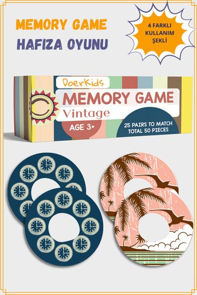 DoerKids Vintage Memory Game - Eşleştirme Beceri Hafıza Oyunu - 4 Farklı Kullanım