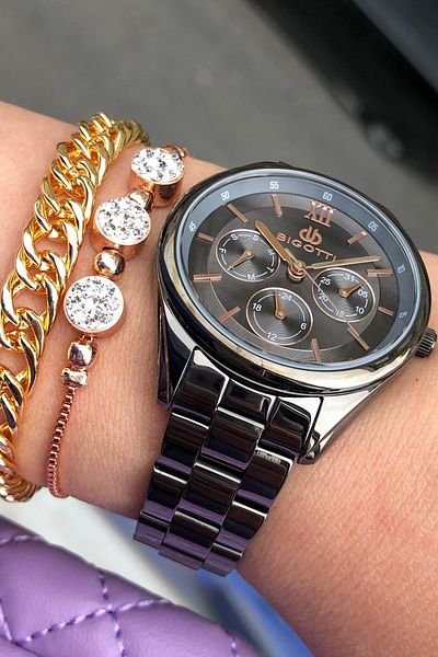 Bigotti Women's Wristwatch 3 Atm Waterproof Smoked Gold Full Steel Bracelet Gift Elg924