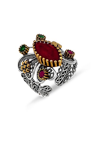 Aykat Yakut Taşlı Oksitli Telkari Gümüş Yüzük Kelebek Model 925 Ayar Yzk-279