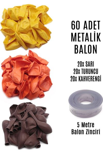 Lora Wedding 60 Pieces Yellow - Orange - Brown Mixed Metallic Balloon + 5 Meter Balloon Chain