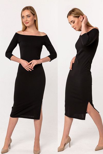 Laranor Black Madonna Collar Slit Detail Scuba Crepe Dress