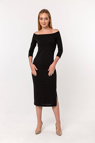 Laranor Μαύρο φόρεμα Madonna με λαιμόκοψη με λεπτομέρεια Scuba Crepe