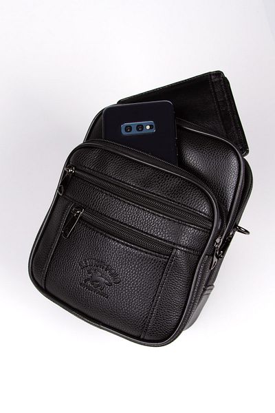 Newish Men's Shoulder Strap Handbag Steel Case Leather Bag Black (length:21cm Width:17.5cm)