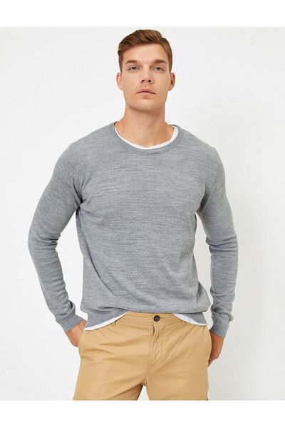 Koton Men's Gray Long Sleeve Crew Neck Sweater