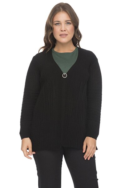 Uludağ Triko Kadın Siyah Kenarları İşlemeli Ajurlu Hırka