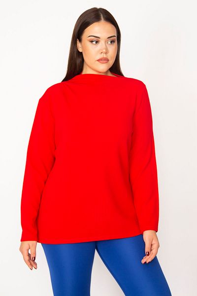 Şans Women's Large Size Red Stand-Up Collar Blouse 65n29469