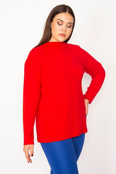 Şans Women's Large Size Red Stand-Up Collar Blouse 65n29469