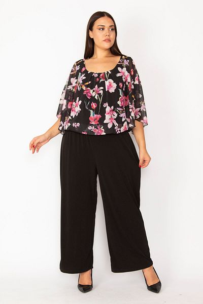 Şans Women's Large Size Black Chiffon Cape Palazzo Cut Jumpsuit 65n28945