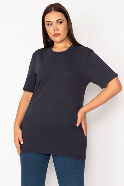 Şans Women's Plus Size Navy Blue Crew Neck Basic Blouse 65n29140