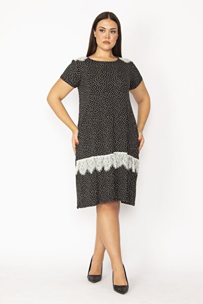 Şans Women's Large Size Black Lace Detailed Viscose Dress 65n28958