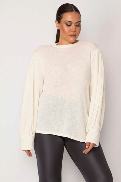 Şans Women's Large Size Bone Shoulder Pleated Boucle Knitwear Woven Blouse 65n29103