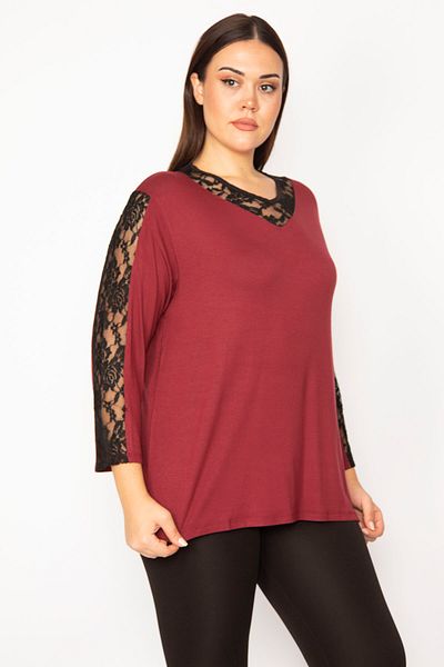 Şans Women's Large Size Plum Lace Detailed Blouse 65n29505