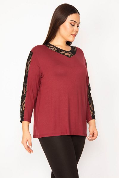 Şans Women's Large Size Plum Lace Detailed Blouse 65n29505
