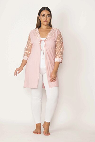 Şans Women's Large Size Pink Lace Detailed Dressing Gown 65n29377