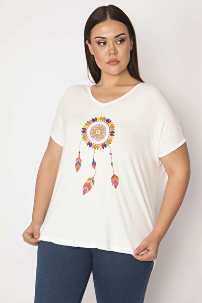 Şans Women's Large Size Bone Embroidery Detailed V-Neck Low Sleeve Blouse 65n29513