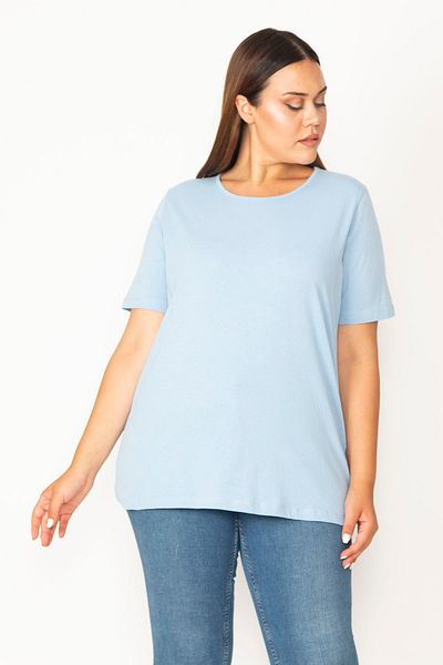Şans Women's Large Size Blue Cotton Fabric Crew Neck Short Sleeve Blouse 65n29545