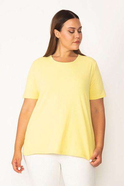 Şans Women's Large Size Yellow Cotton Fabric Crew Neck Short Sleeve Blouse 65n29545