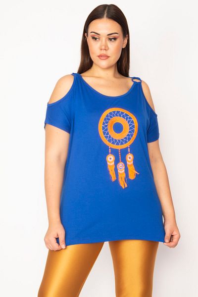 Şans Women's Large Size Saxe Embroidery Detailed Off-Shoulder Viscose Blouse 65n29507