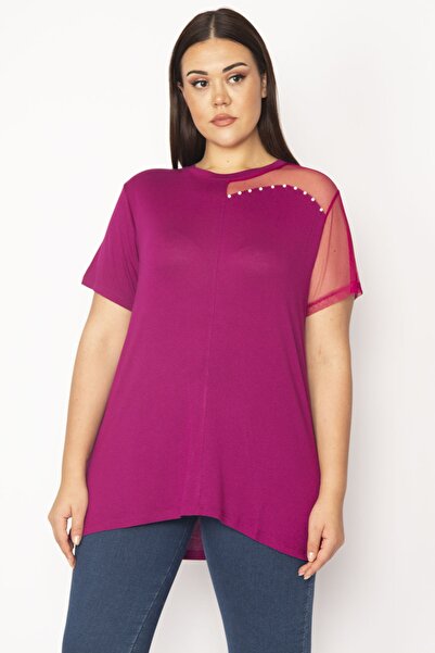 Şans Жіноча блуза Fujya великого розміру з тюлем і перловими деталями 65n35670