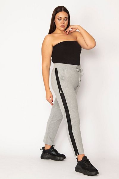Şans Pantaloni de damă, gri, de mărime mare, cu fermoar, talie elastică, cu deschidere pe ambele părți 65n29190