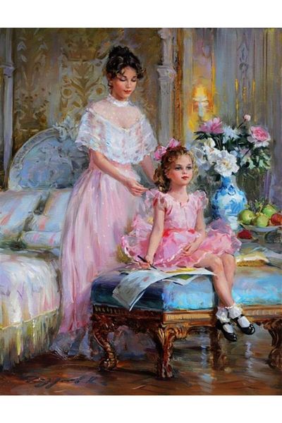 MARCEL SANAT Elegant Mother and Little Daughter Marcel Art Diamond Mosaic Painting 53X69Cm