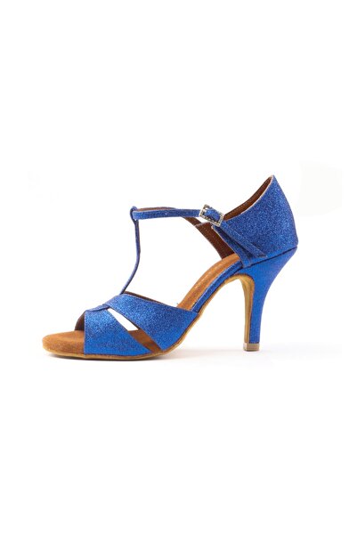 DANS AYAKKABISI Kadın Mavi Parlak Bağlamalı Topuklu Ayakkabı