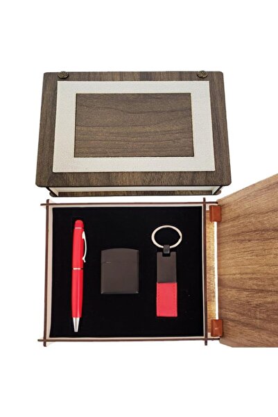 Miyas Red Pen Keychain and Lighter Set with Special Wooden Box