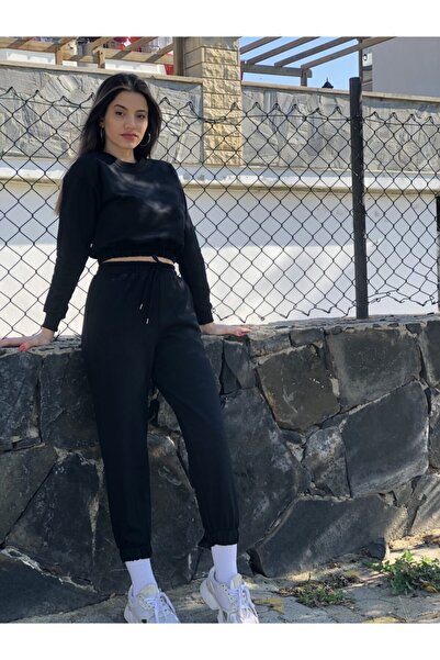 MY DEPO Μαύρη ελαστική μέση Crop βαμβακερή αθλητική φόρμα