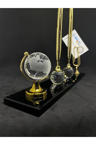 Gündoğan Kristal Desktop Gift Glass Accessory Gold Color Desk with Double Pen, Globe and Note Card Holder