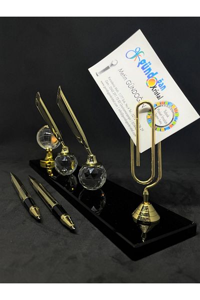 Gündoğan Kristal Desktop Gift Glass Accessory Gold Color Desk with Double Pen, Globe and Note Card Holder