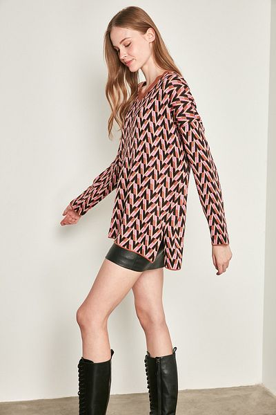 Y-London Braunrosa Jacquard-Strickwaren mit V-Ausschnitt für Damen YL-KZ99946