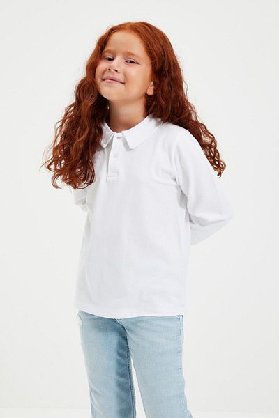 SunnyBox Tricou polo tricotat pentru copii cu mânecă lungă pentru fete de bază alb