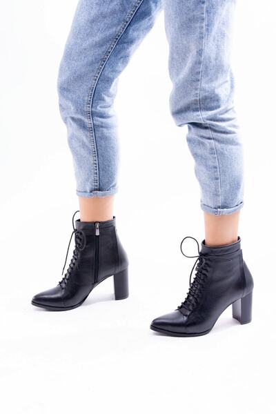 Venüs Hakiki Deri Bağcık Detaylı Fermuarlı Siyah Kadın