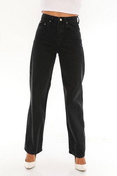 Trn JNS Pantaloni Palazzo cu blugi largi cu talie super înaltă din Lycra neagră. (SUPER ÎNALT.) Picior lat.