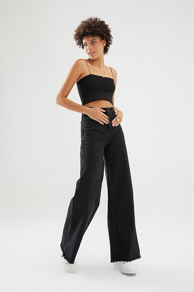 Trn JNS Pantaloni Palazzo cu blugi largi din Lycra neagră cu talie super înaltă. (SUPER ÎNALT.) Picior lat.