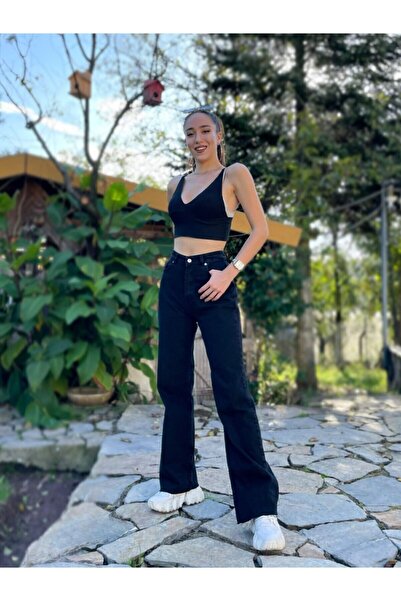 Ramrod Μαύρο Lycra Super ψηλόμεσο φαρδύ τζιν παντελόνι Palazzo. (ΥΠΕΡ ΥΨΗΛΟ.) Φαρδύ πόδι.