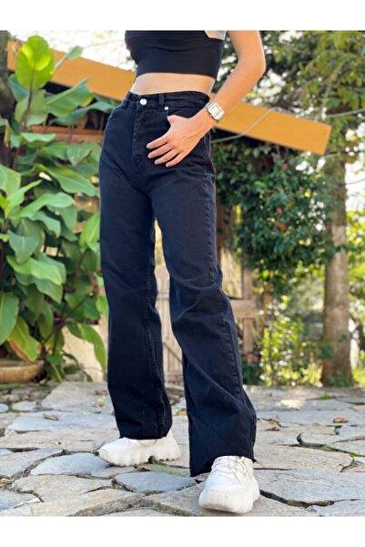 Ramrod Μαύρο Lycra Super ψηλόμεσο φαρδύ τζιν παντελόνι Palazzo. (ΥΠΕΡ ΥΨΗΛΟ.) Φαρδύ πόδι.