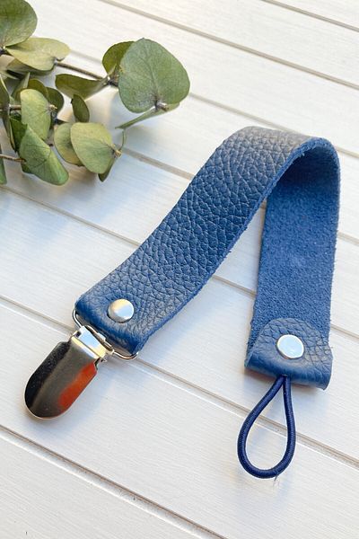 Li Puna Blue Leather Pacifier Strap - Pacifier Chain with Protected Metal Clip Lpemzk21