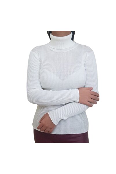 MAGİCAL STORY Lycra Wool Off-White Women's Turtleneck Sweater