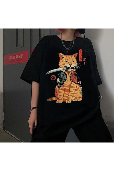 Köstebek Μπλουζάκι Unisex Μαύρο Katana Samurai Cat